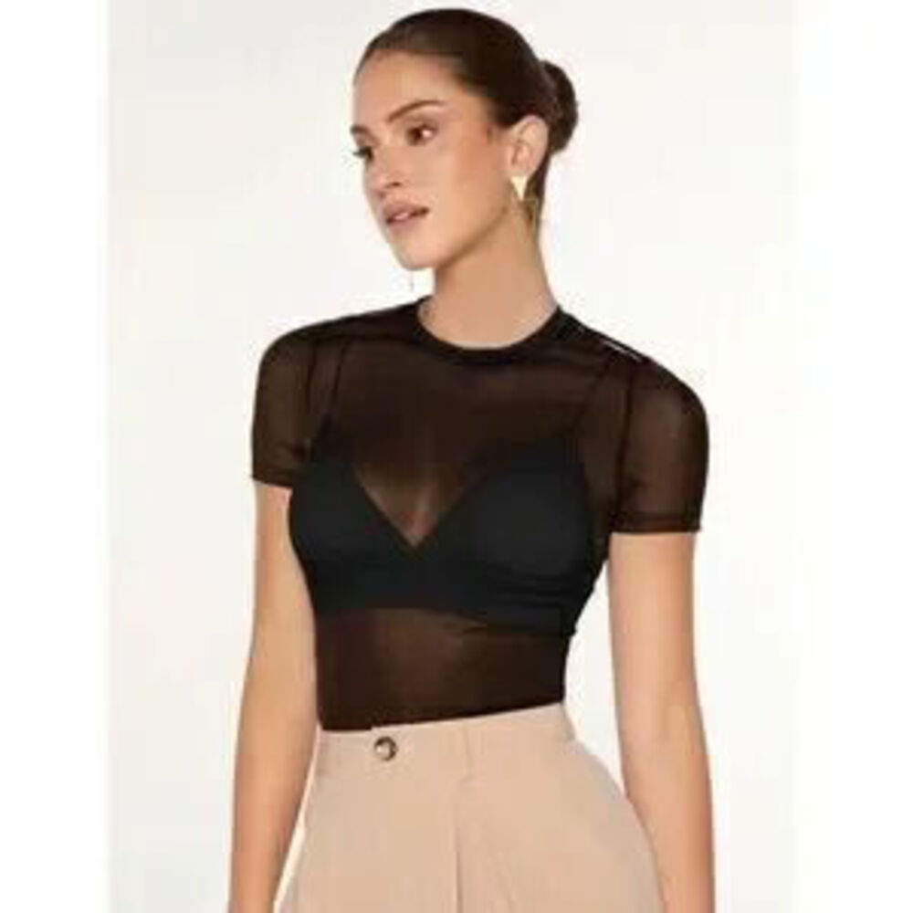 Black Short Sleeve Mesh Pullover Top Tee Shirt - Picture 2 of 5